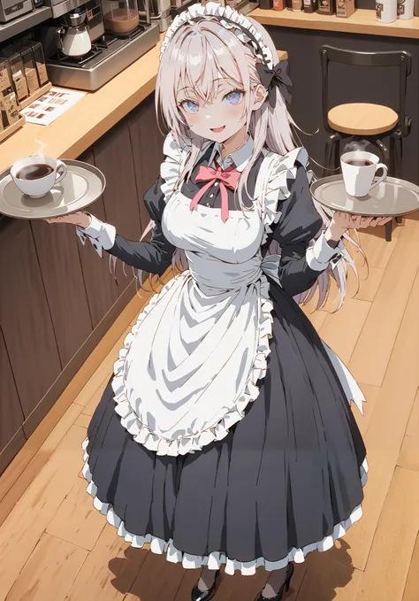  score_9,  score_8_up,  score_7_up,  source_anime,  Alisa Mikhailovna Kujo,Alone,  long hair, bangs,  blue eyes,  hair bow, stupid hair, gray hair, smile,blush,open your mouth,Big Breasts,Maid服, Black long skirt, black pantyhose, stiletto heels,Maid head ド...