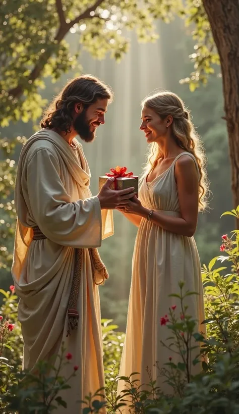 Realistic photo of Jesus Christ handing a beautiful gift to a woman wearing a simple dress The woman is very happy. They are in a beautiful enchanted garden.  intricate details. vivid colors.  colored. total clarity. 8k