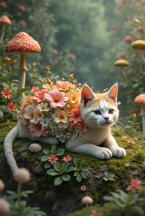 A cat fused with flowers and mushrooms stretching out,  as if its being merged with nature . 4k Ultra HD quality