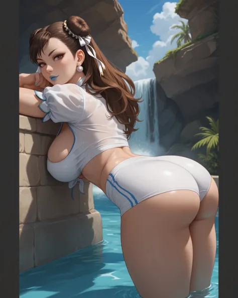 1 girl, Chun-Li, swimsuit,  blue lipstick ,  tabs,  eye pencil, big breasts, ,  huge thighs,  huge ass, Big hips,  seductive, sexy,  sexy position, huge hips, bikini, 8K, pool bottom, bikini eyes, vibrant colors, High contrast lineart,  focus ass ,  bottom...