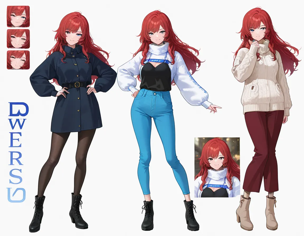 (3 adult girls), anime characters, outfit designs, diverse outfits, character design, outfit design, pose, winter outfit,
