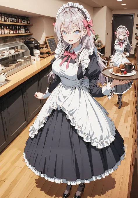  score_9,  score_8_up,  score_7_up,  source_anime,  Alisa Mikhailovna Kujo,Alone,  long hair, bangs,  blue eyes,  hair bow, stupid hair, gray hair, smile,blush,open your mouth,Big Breasts,Maid服, Black long skirt, black pantyhose, stiletto heels,Maid head ド...