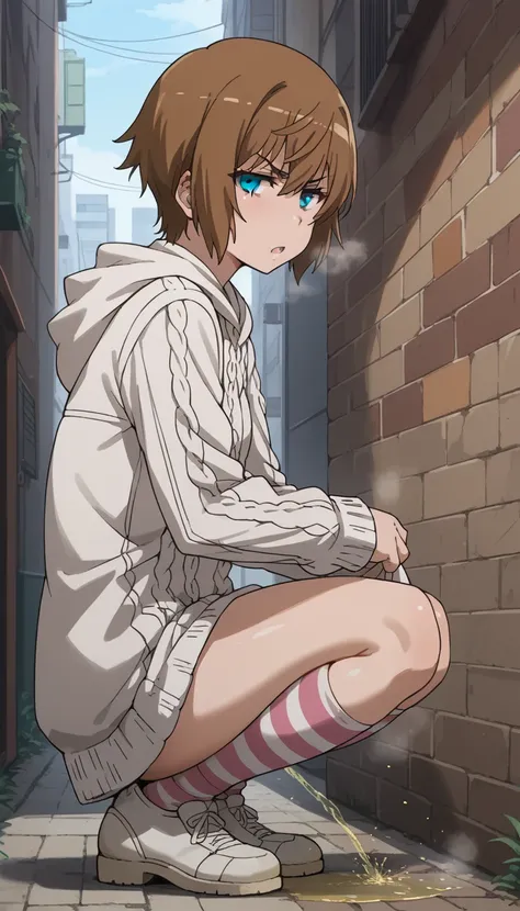 score_9, score_8_up, score_7_up, source_anime, saiai kinuhata, short hair, brown hair, (gray eyes:1.2), hood, sweater, hoodie, stripe socks, white shoes, thighs, wide hip, outdoor, alley, squatting, dress lift, holding dress, excessive pubic hair, pussy, p...