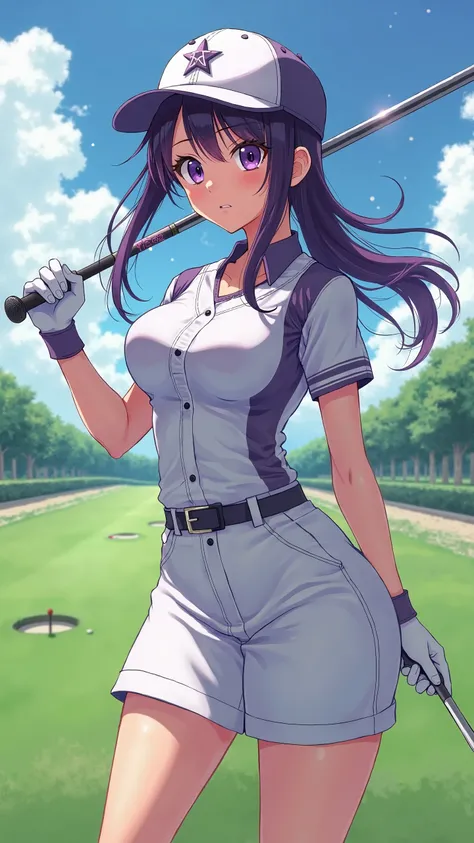 Japanese anime style、 High School Girl 、baseball tight uniform、  Baseball Cap  、Dark Purple Long Hair、single ponytail、  purple pupil、skirt、 Chest plump、driving range