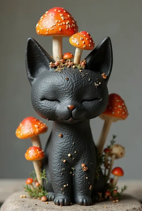 A textured black ceramic saumerio shaped like a cat's head from which mushrooms come out ultra quality 4k HD 