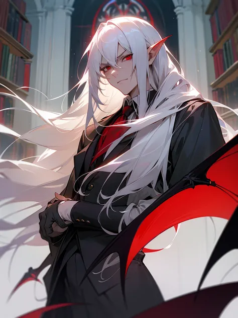 man, high, long white hair shirt,  red eyes,  long ears, library,  elegant, dry, sorcerer, vampire, adult, executive, Gothic, Serious, arrogant, masterpiece, 

