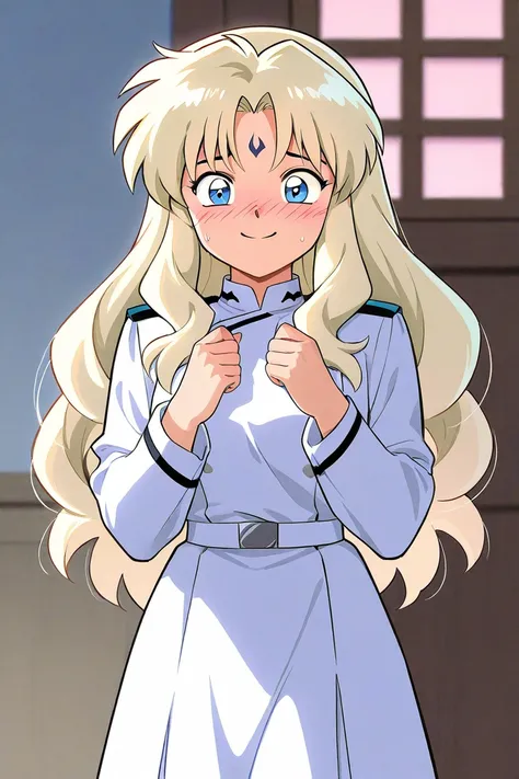 A beautiful  student. She has long curly light blonde hair with light blue eyes with white dress uniform. She is blushing, nervous, smiling. Kind. inuyasha manga art style.