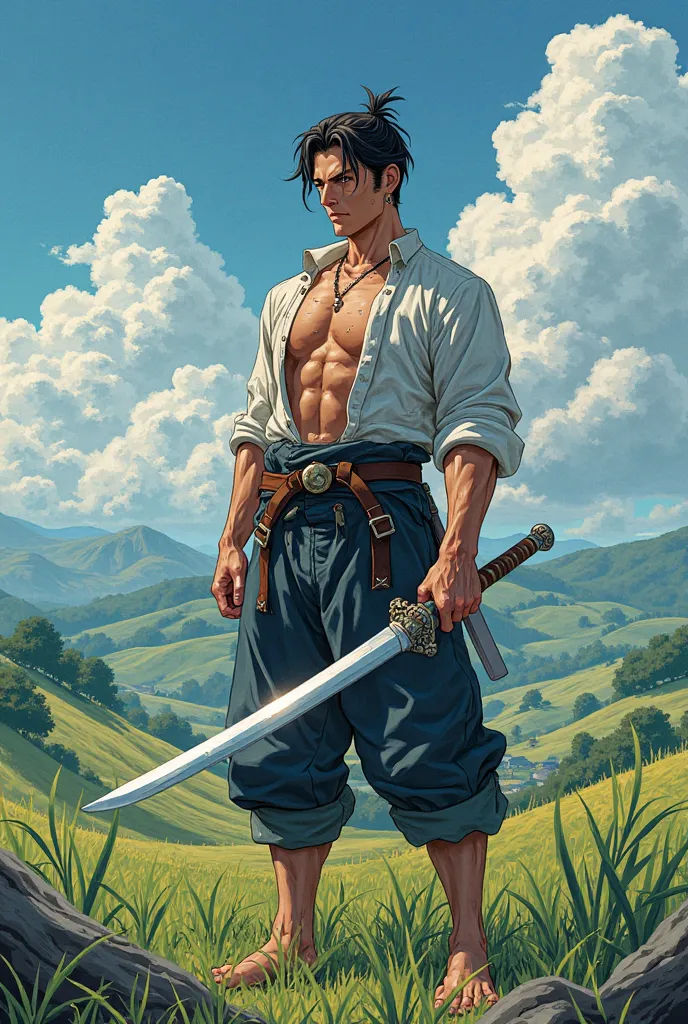 anime style　A single male farmer　Beautiful　 hold a sword　