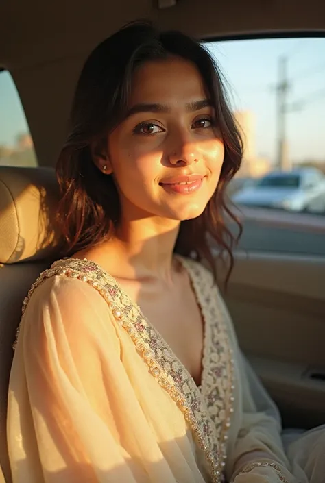 "A young woman sits inside a car, bathed in warm sunlight, wearing a delicate, sheer beige dupatta with an embroidered border. The fabric gracefully drapes over her head and shoulders, adding an elegant and traditional touch to her look. She has a soft, ra...