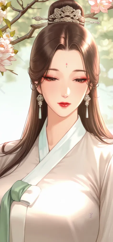 mature female, elegant, traditional woman, joseon dynasty, Huadian Flowers, flower forehead mark, brown hair, long hair, straight hair, hairpin, makeup, wearing hanbok, milf, soft light, high detailed, best quality, upper body, close-up, scenecy, exteriors...