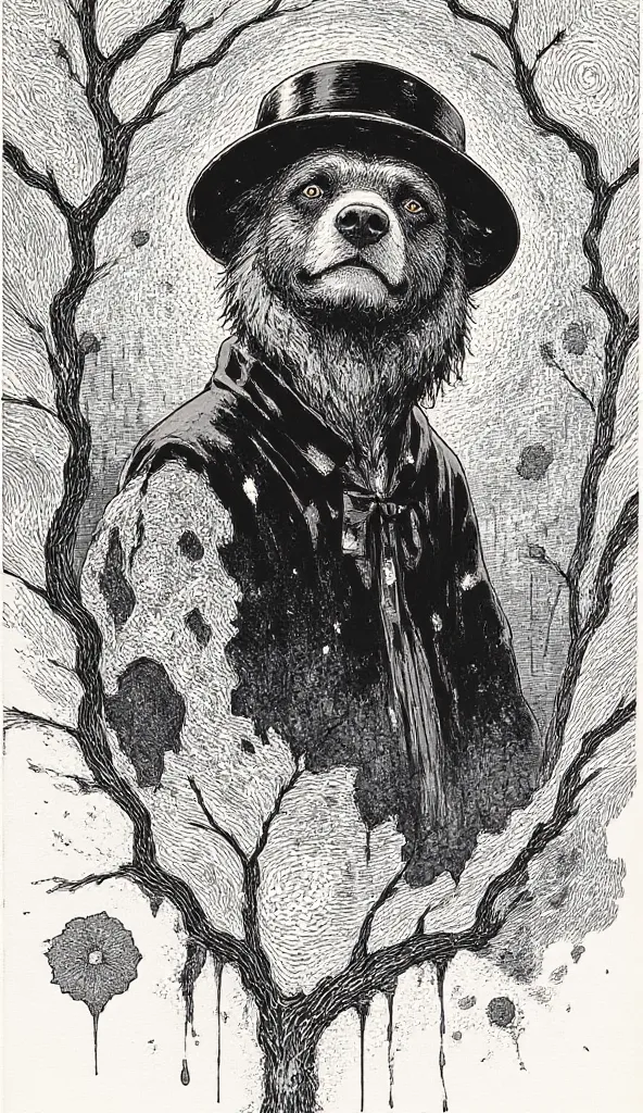  There is a black and white picture of a bear wearing a hat, an Ink drawing by Howardena Pindell,  Reddit ,  mixed style ,  black ink on textured paper ,  Broken ,  is ,   black and white ink on paper  , detailed Ink drawing, pen & Ink drawing, very detail...