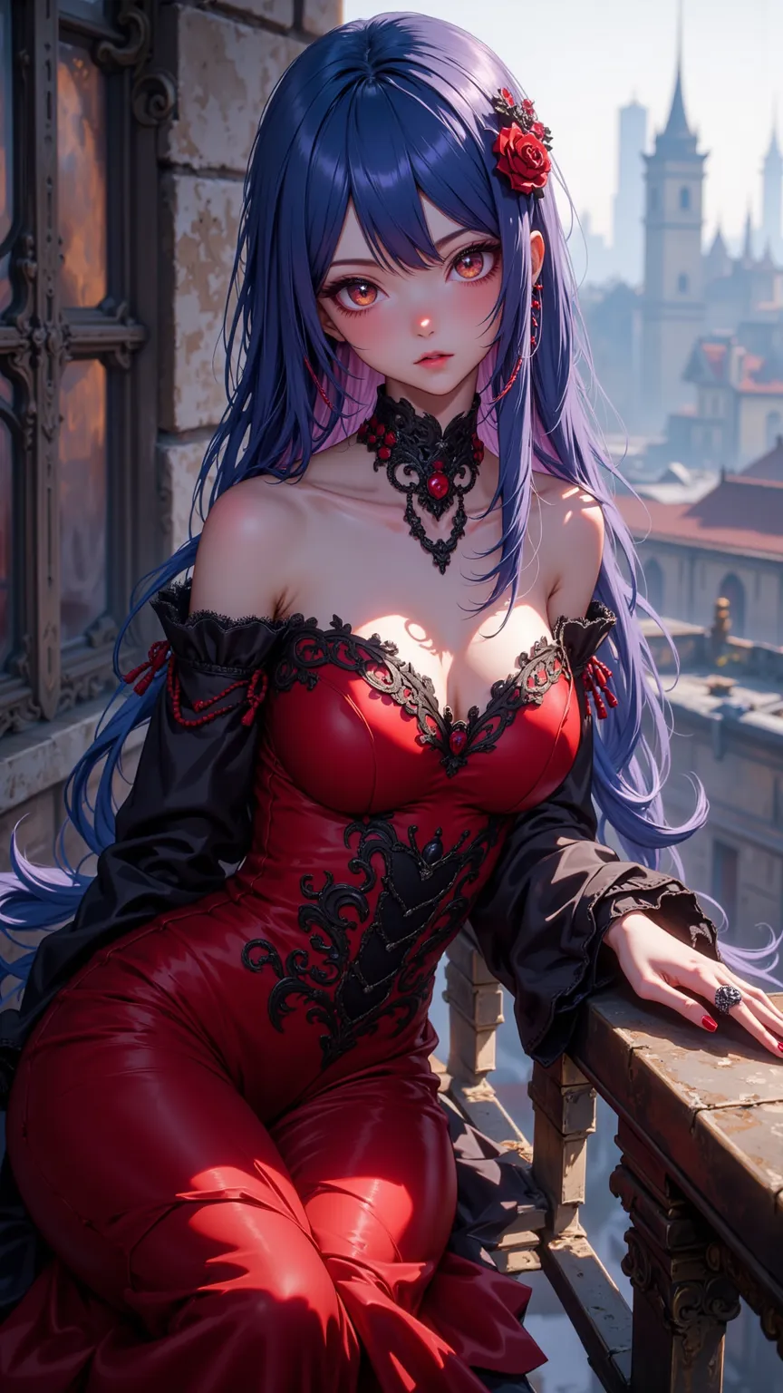 A charming scene shows a 19-year-old girl wearing a gothic red dress designed by Sakamata Chloe，Exquisite Beautiful Face， ，Blue and purple hair，Long straight hair，Busty big boobs， Thin ，Hot，Eye-red，red pupils，elegantly sitting next to the balcony。panoramic...