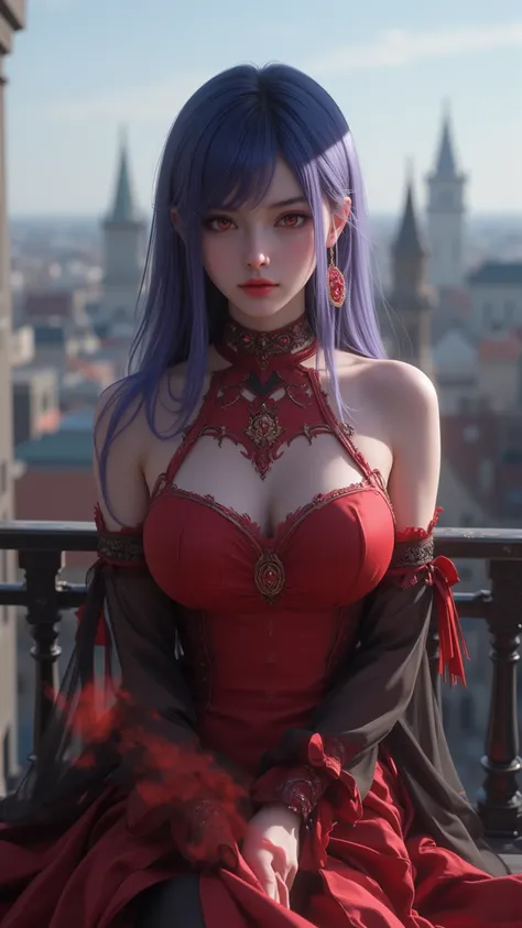 A charming scene shows a 19-year-old girl wearing a gothic red dress designed by Sakamata Chloe，Exquisite Beautiful Face， ，Blue and purple hair，Long straight hair，Busty big boobs， Thin ，Hot，Eye-red，red pupils，elegantly sitting next to the balcony。panoramic...