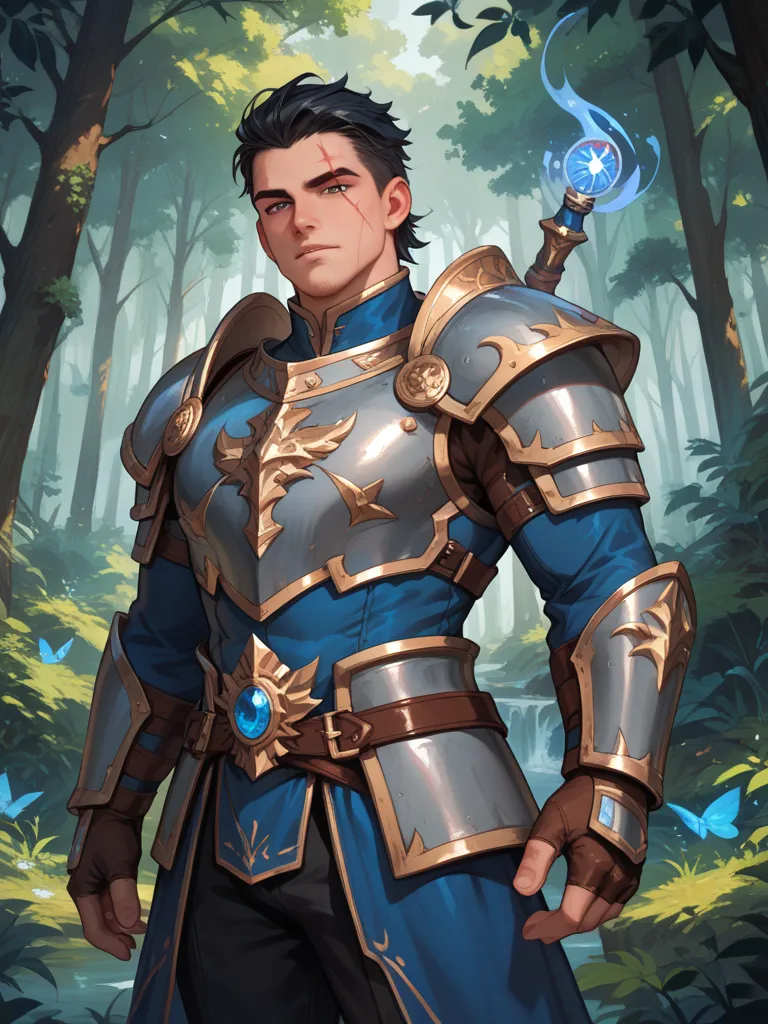 man,  long black hair,  black eyes, a red scar on the left cheek,  blue clothes, black pants and iron armor, fantasy, Magic Forest background  [ covers half of the screen] masterpiece,  Ultra quality,  no errors, perfect details. 