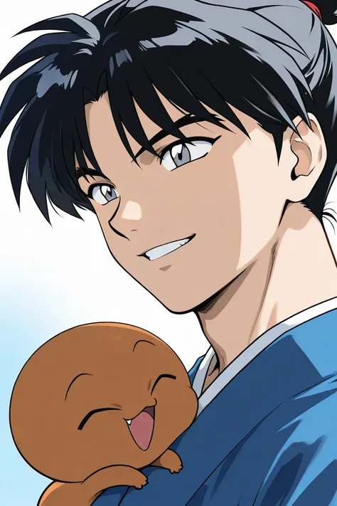 Tall -old boy with Black hair, light cold gray eyes, cooky, smiling, wearing blue uniform. The boy is joking.  Inuyasha manga art style.