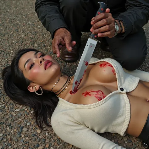 Gorgeous asian woman, with ponytail, hoop earrings, choker, huge oversized breasts that have large red liquid circle tips with tiny crop top white ribbed knit button down sweater that's been ripped open. She is lying on her back of floor of gravel ground. ...