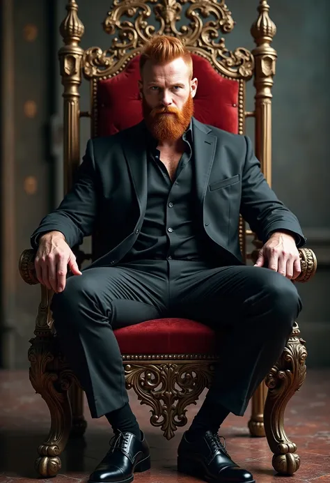 Bearded muscular redhead man wearing a black suit with black oxford shoes and black dress socks, sitting on a throne, 8k photography, ultra realistic, look at the viewer pov, full body photography.