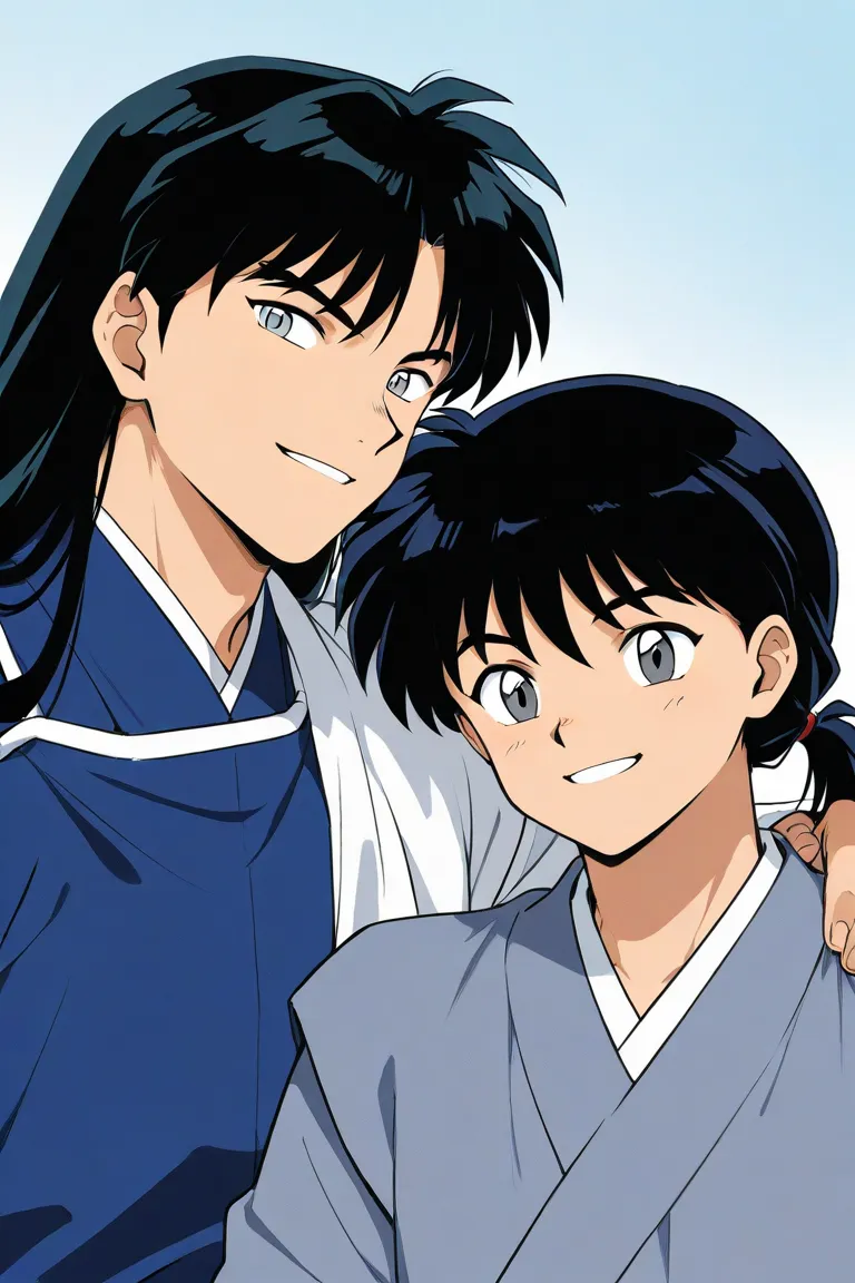 Tall  boy with Black hair, light cold gray eyes, cooky, smiling, wearing blue uniform. The boy is joking.  Inuyasha manga art style.