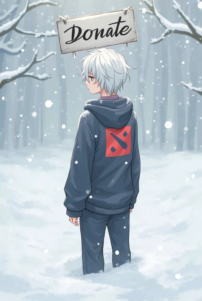 little kaneki ken with the Dota 2 logo on the back of him and the donate sign above his head, there is snow all around