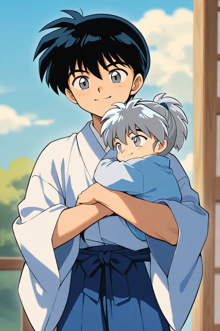 Tall young boy with Black short hair, light cold gray eyes, cooky, smiling, wearing blue uniform. The boy is joking.  Inuyasha manga art style.