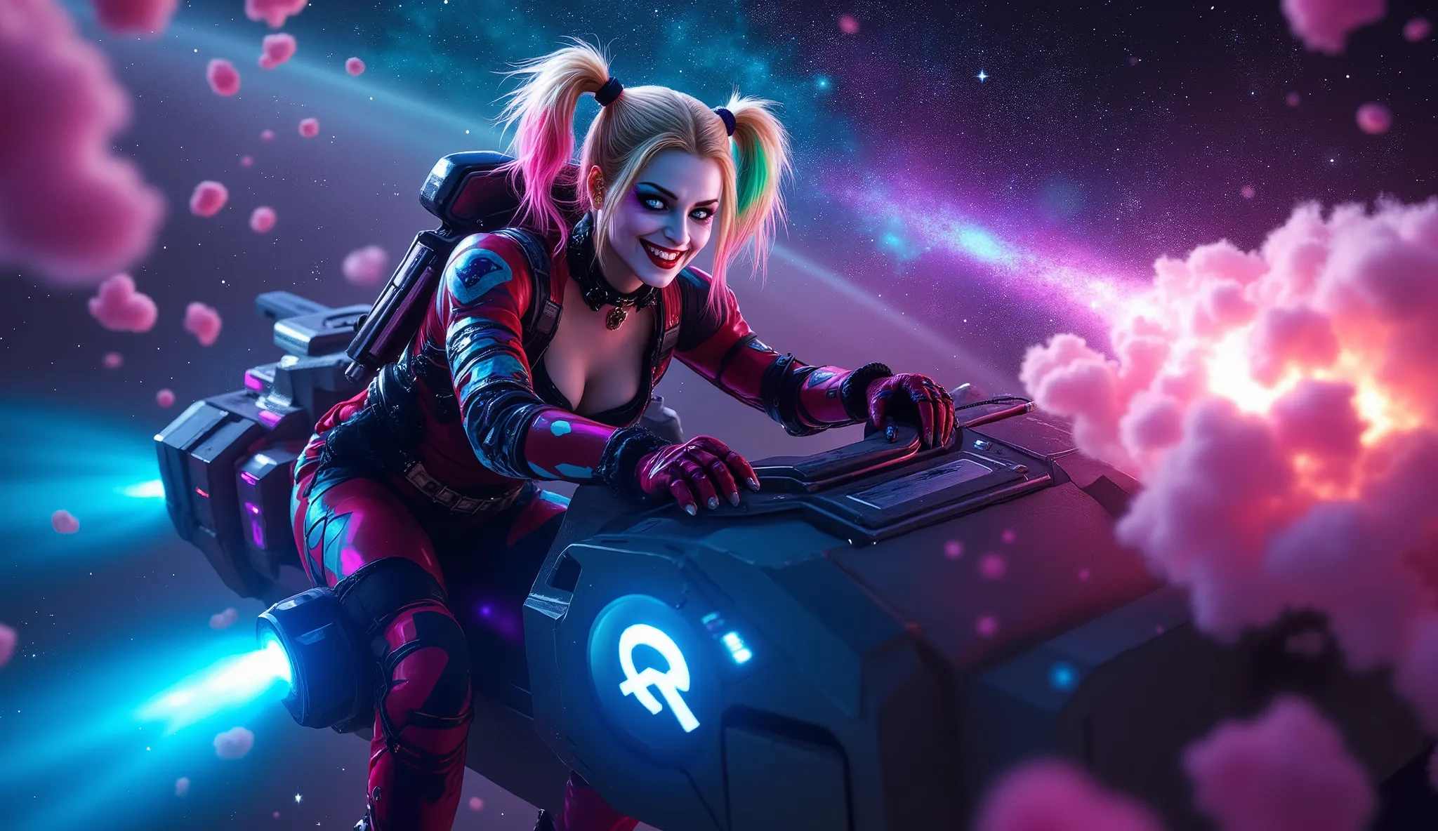 Harley Quinn in Outer Space: Scarlet Johansson como Harley Quinn, dressed in a colorful spacesuit and psychedelic makeup, piloting a giant hammer-shaped ship. She's chasing a comet made of cotton candy while laughing maniacally.