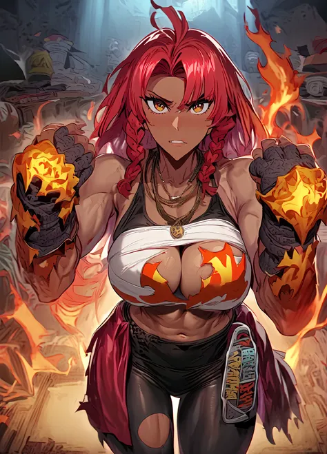 masterpiece,best quality,Th3odora, red hair, long hair, braid, brown eyes, dark skin, muscular female, scar,shuraRO, navel, sarashi, necklace, jewelry, torn clothes, gauntlets, black belt, clothes around waist, championship belt, flame print, black yoga pa...