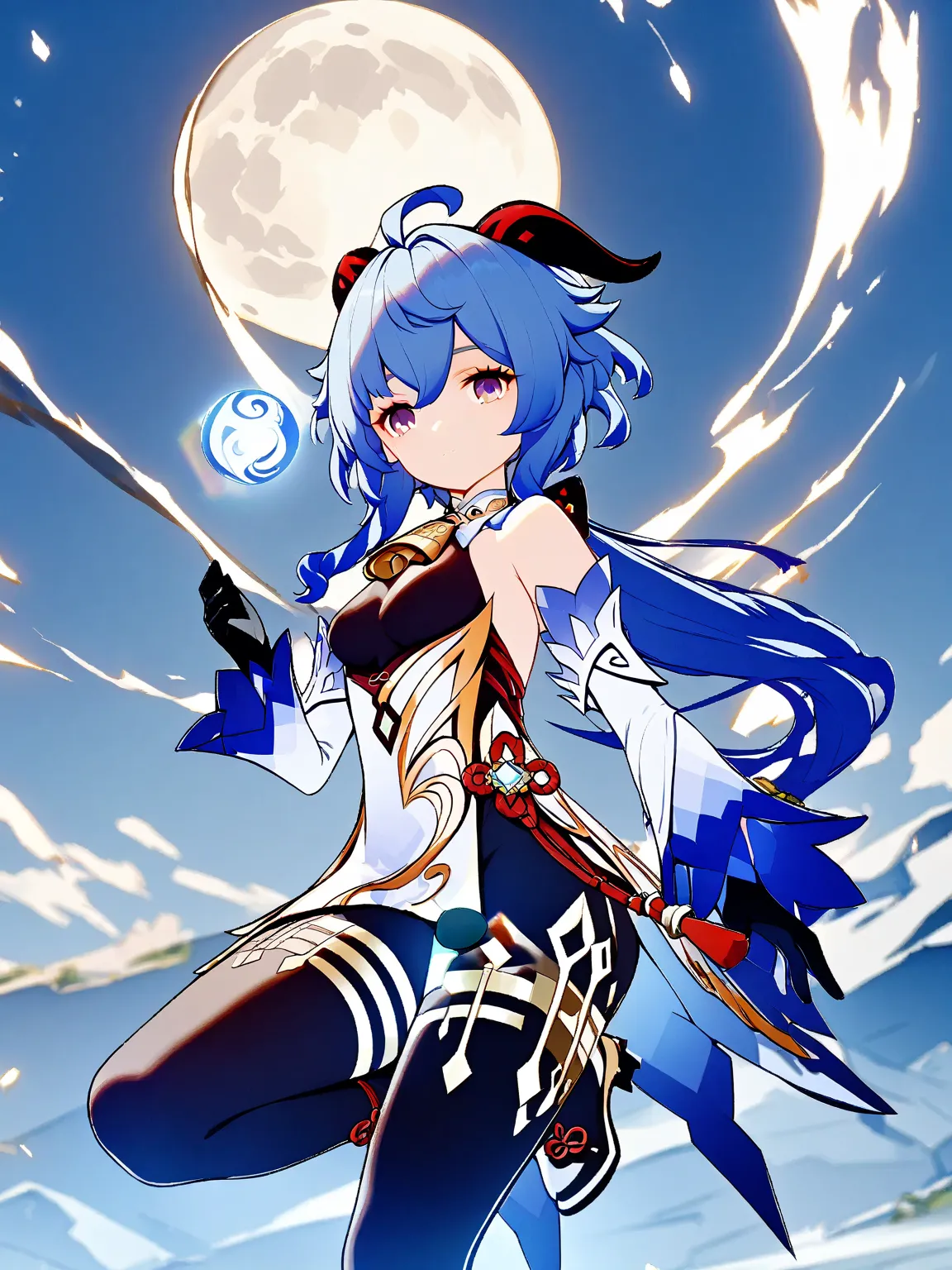 (masterpiece), an anime character with blue hair and holding a sword, with a bright full moon in the sky, 1girl, ganyu (genshin impact), horns, solo, blue hair, long hair, gloves, detached sleeves, black gloves, orb, ahoge, bell, bangs, white sleeves, brea...