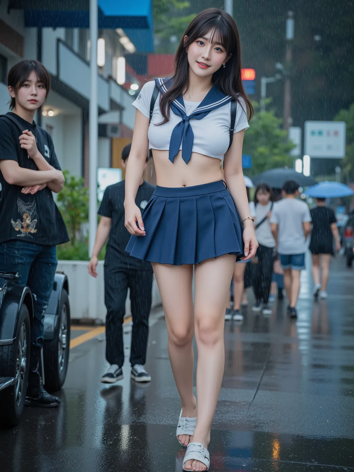 Realistic Photography, 8k, masterpiece, highest quality, hyper-realistic, highres, shot on a Canon EOS, Korean girl, occupation is idol, black long hair, glamorous body, ((huge breasts)), busty, long legs, the texture of a detail-oriented and realistic cos...