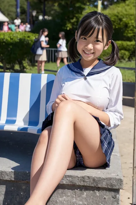  nsfw, TOP QUALITY、 masterpiece、Ultra High Definition、((( at a crowded amusement park)))、 (realistic:1.4)、RAW photo、very detailed、very detailed skin、　(( 2 female middle school students :1.4))、 middle school uniform、((Average size boobs of a middle school s...