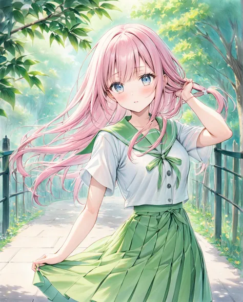 (( style:Colored pencil, Light color)), ( masterpiece:1.2),　"An anime-style illustration of a girl with long, fluffy pastel pink hair that flows gently, giving a soft and airy texture. Her eyes are a striking emerald green with a mysterious glow, and her s...