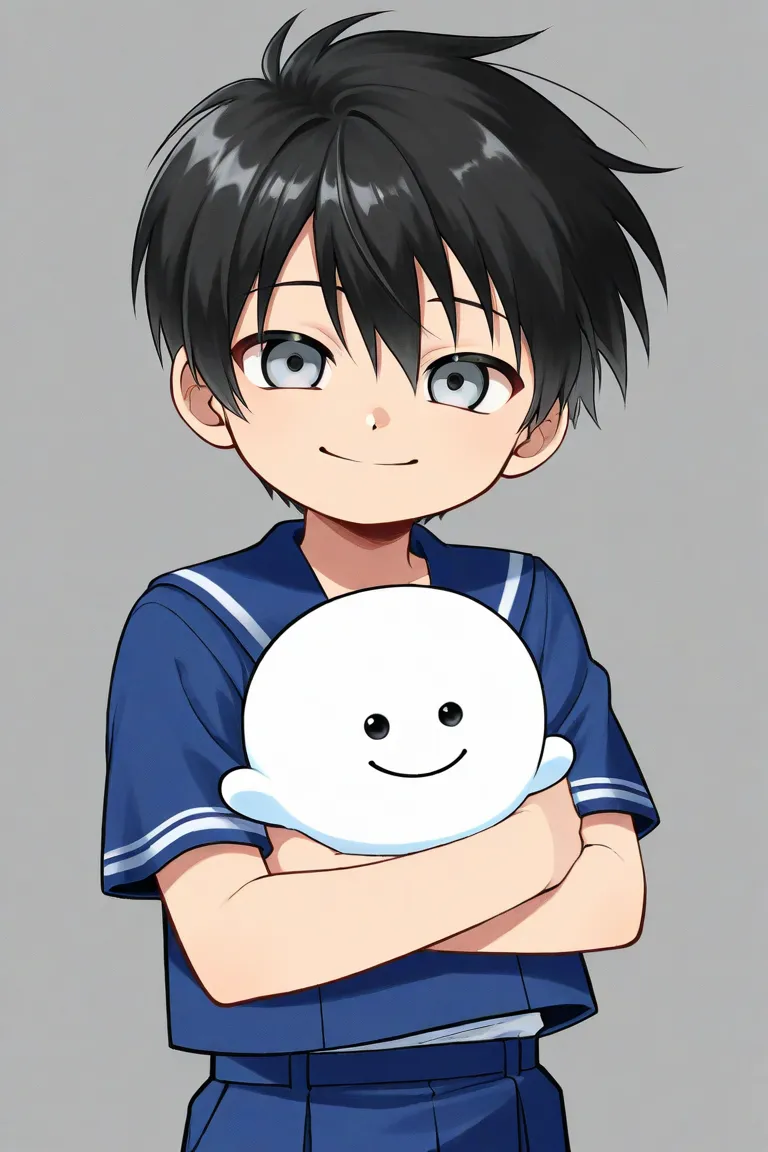 Tall young boy with Black short hair, light cold gray eyes, cooky, smiling, wearing blue school uniform. The boy is joking.  Rumiko Takahashi manga art style.