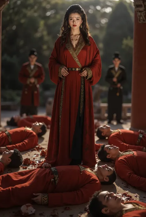 Very beautiful woman, woman 50-55 year old, woman very thick hair, boy white ninja, boy dead, 5 boy bodies lying lifeless, Fresh blood flowed down in boy throat, very big breast woman, boy full face mask ninja