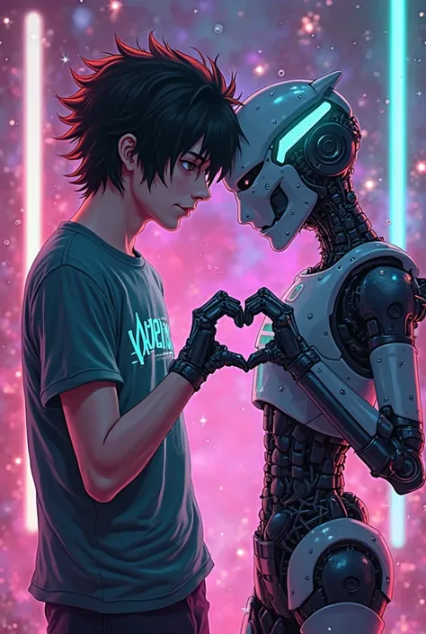 An emo guy wearing a band t-shirt. Weezer ,making the heart sign with his partner who is a robot. Graphics that are video game style