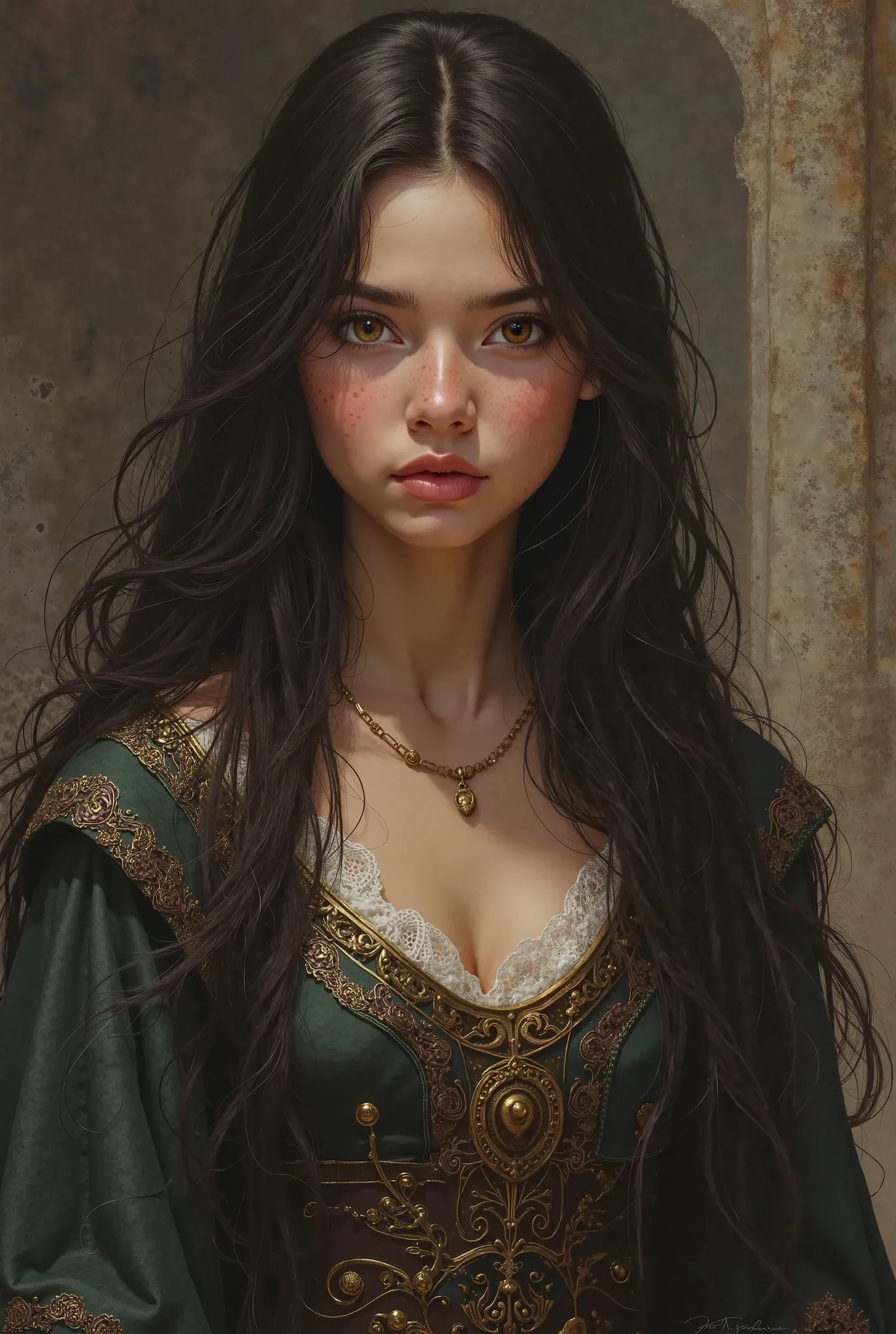 Girl with long dark brown hair,  with dark brown eyes, almost black, dressed in medieval times 