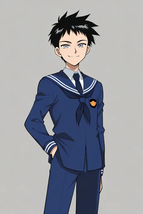 Tall  boy with Black short hair, light cold gray eyes, cooky, smiling, wearing blue school uniform. The boy is joking.  Rumiko Takahashi manga art style.