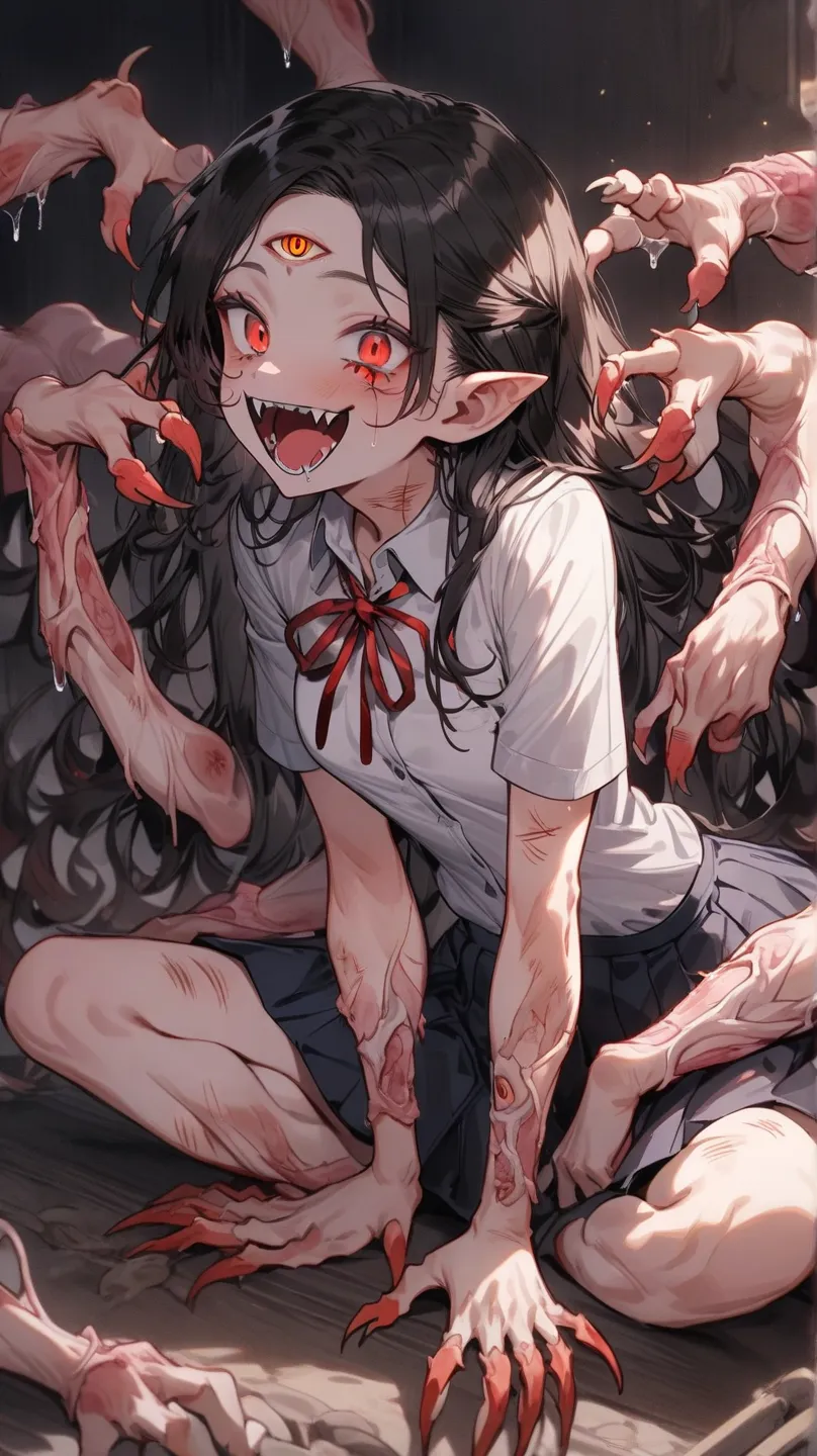 ((Best masterpiece, Perfect quality, Ultra detailed)), ((Abnormal individual, Mutation)), ((Grotesque, Bloody)), A skinny girl with small breasts, With black hair, Mutated body, Injured body, Teared skin, Many wounds on her skin, Bloody lacerations, Large ...