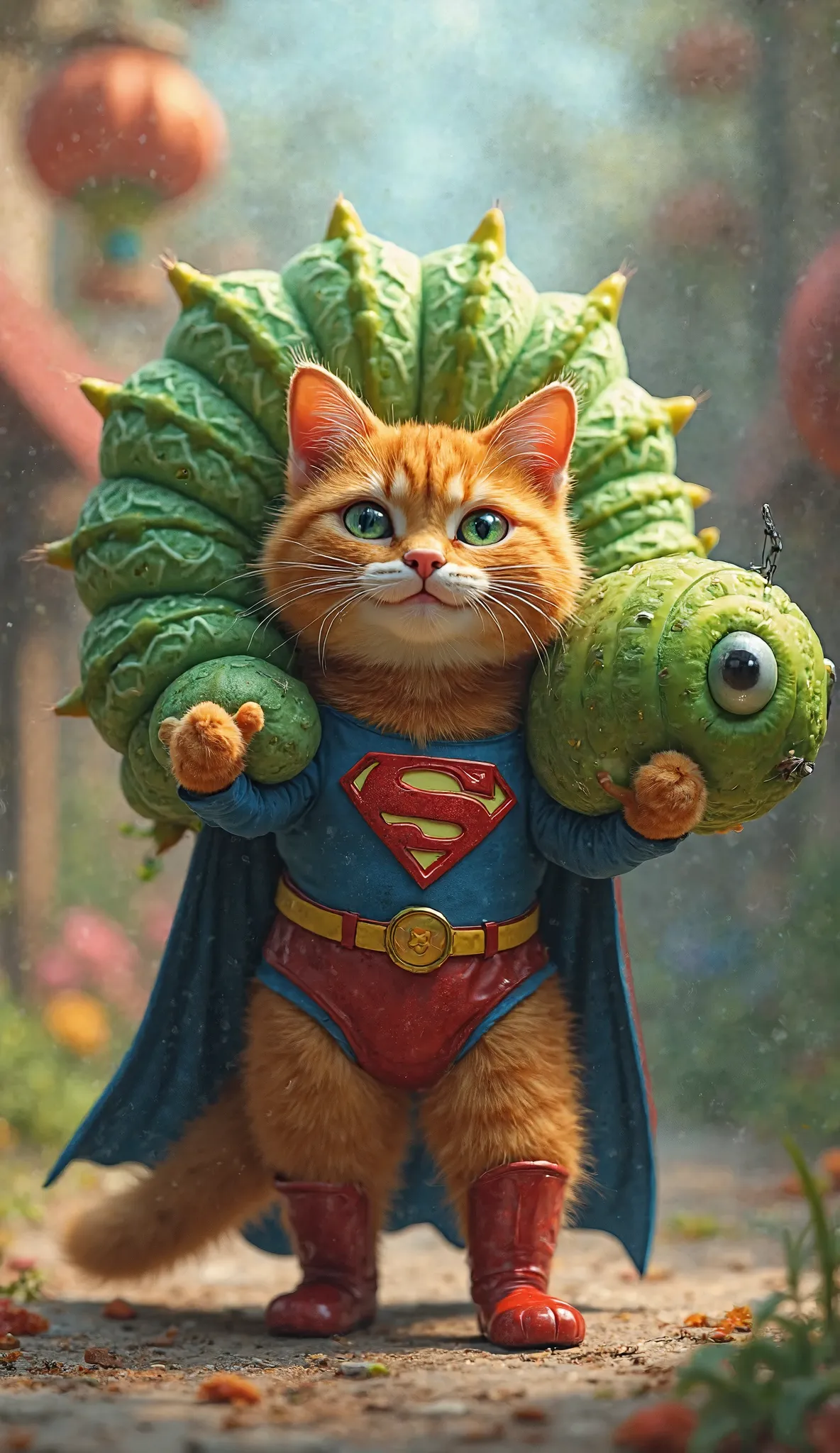 father oange cat(superman outfit) carry 1 giant green caterpillar