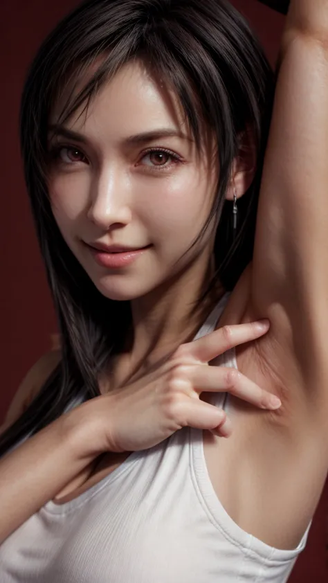 masterpiece, best quality, tifa lockhart,,(looking at viewer:1.3),side view, (armpit close-up shot:1.3) ,(one arm up:1.3), smile, upper body, gradient background, red background, large breasts,