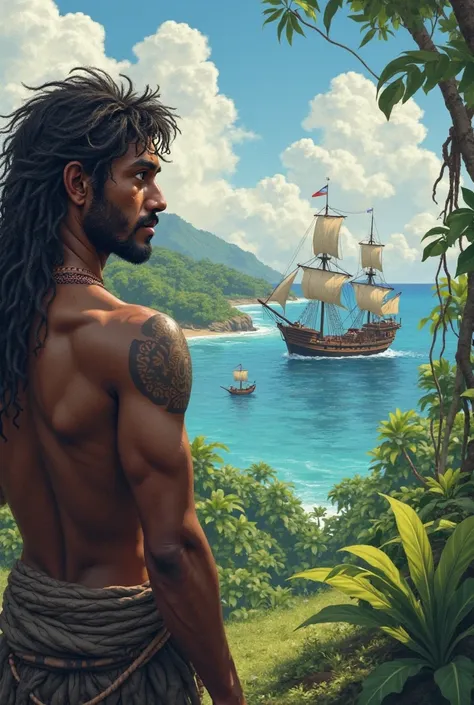 From the perspective of Yuruparí, you can see three caravels on the horizon. His face reflects confusion and curiosity.