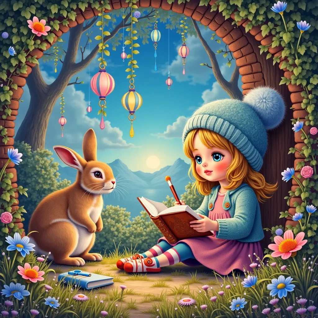 Picture of a girl holding a rabbit and reading a book together, Illustration of a ren's story by Keren Beit , A cute blond girl wearing a knitted hat drawing a colorful world with a magic brush、Fairy tale painting,  COMPLEX FANTASY PAINTING , Detailed drea...