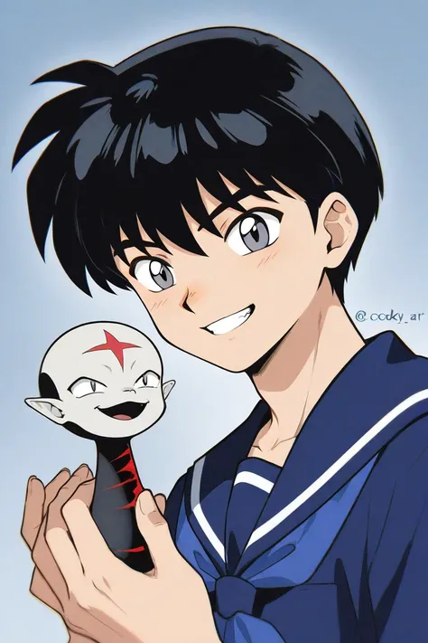 Tall teenager boy student with Black short hair, light cold gray eyes, paled skin, cooky, smiling, wearing blue school uniform. The boy is joking. Inuyasha manga art style.