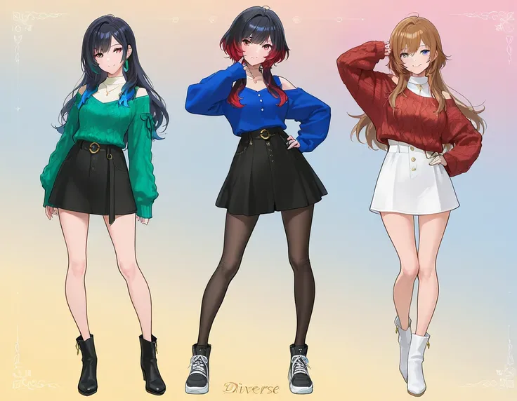 (3 adult girls), anime characters, outfit designs, diverse outfits, character design, outfit design, pose, knit, casual outfit, different hair color,
