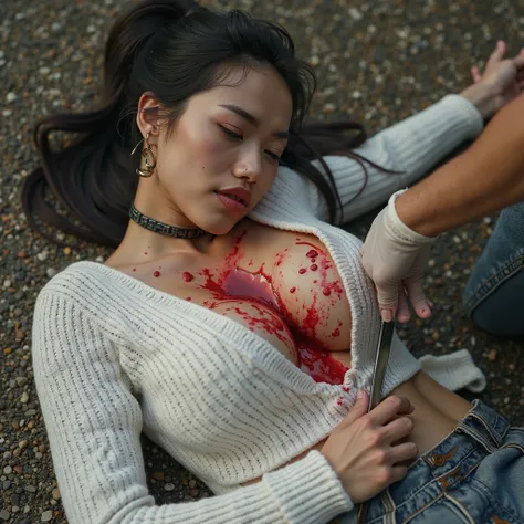 Gorgeous asian woman, with ponytail, hoop earrings, choker, huge oversized breasts that have large red liquid circle tips with tiny crop top white ribbed knit button down sweater that's been ripped open. She is lying on her back of floor of gravel ground. ...