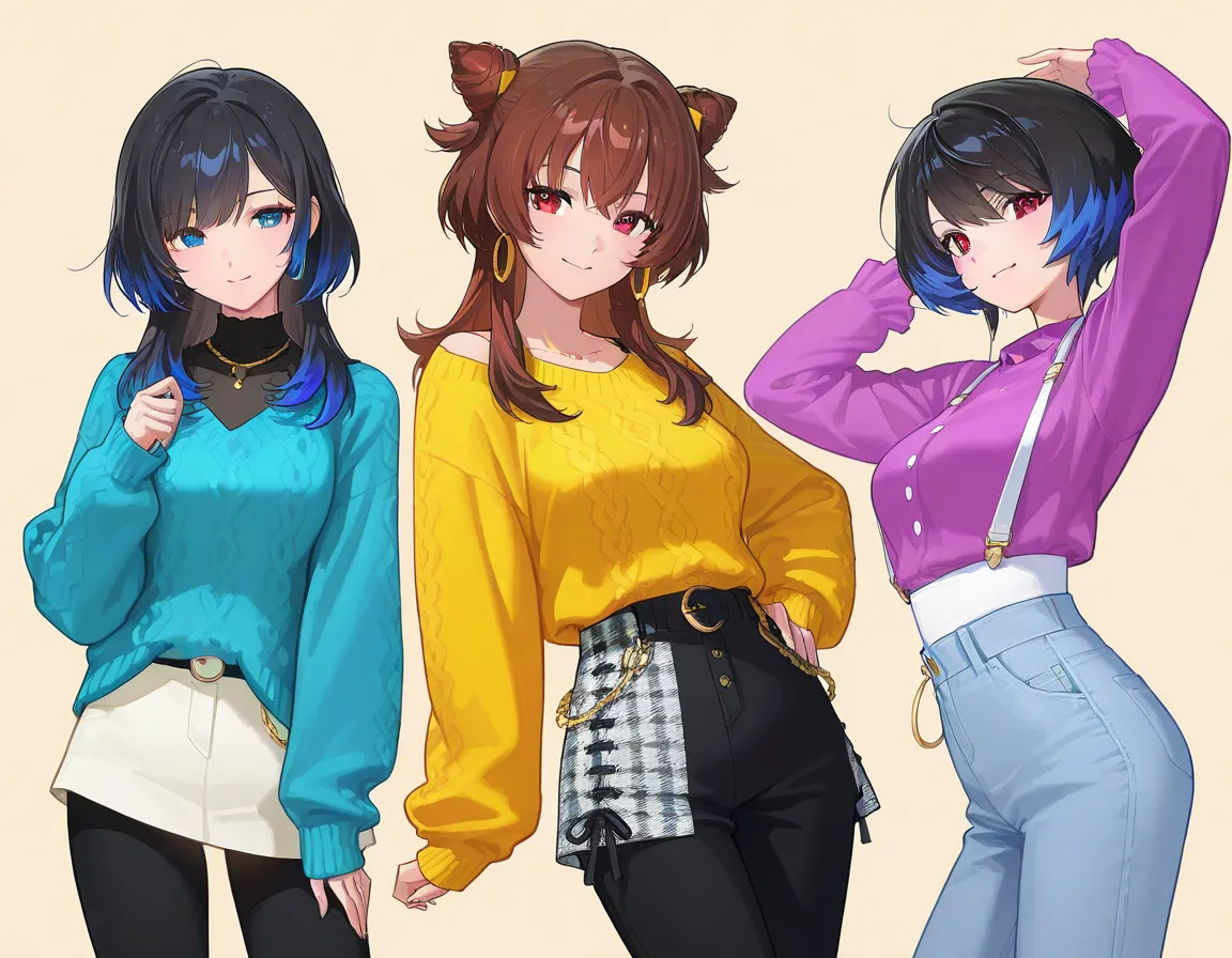 (3 adult girls), anime characters, outfit designs, diverse outfits, character design, outfit design, pose, knit, casual outfit, different hair color, cowboy shot,
