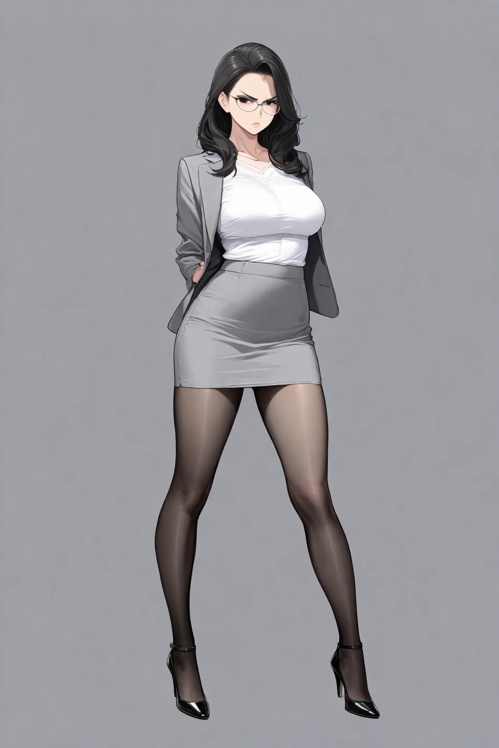 (High quality, 4K, Ultra-high resolution,High-definition illustrations, Masterpiece, extremely detailed),1 girl, medium height, mature lady, slender body, medium breast, black hair, long hair, black eyes with high lights, eye glasses, gray suits, white shi...