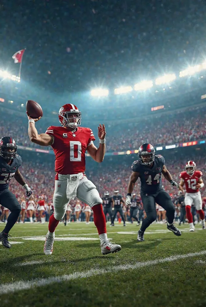 " A high-energy American football game in a massive stadium under bright stadium lights. A muscular quarterback in a red and white uniform is throwing a perfect spiral pass while defensive players in dark uniforms charge toward him. In the background, a ro...