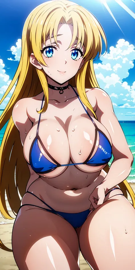 is_dxd_blonde, 1 girl, Alone ,  ojos verdis ,  long hair, blonde hair, choke, breasts,  very  long hair, golpis,  smiling, mirando al ispectador,  Blue theme,  blue background,  cloudy sky ,  sunlight , sweat, orgasmic, bikini swimsuit , medium  breasts, i...