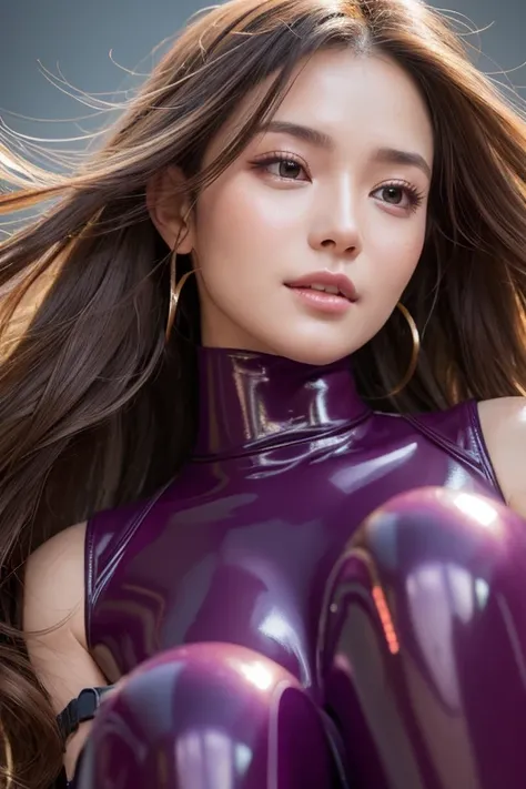 Perfect dynamic composition of a beautiful and beautiful woman ,  purple latex catsuit , SKIN RIGHTS , Rope Restraints,  full face respirator mask、 latex bodysuit 、 knee-high boots、face-closeup、
Huge 、  long brown hair 、Sparkling,  oily skin 、 Glowing Skin...