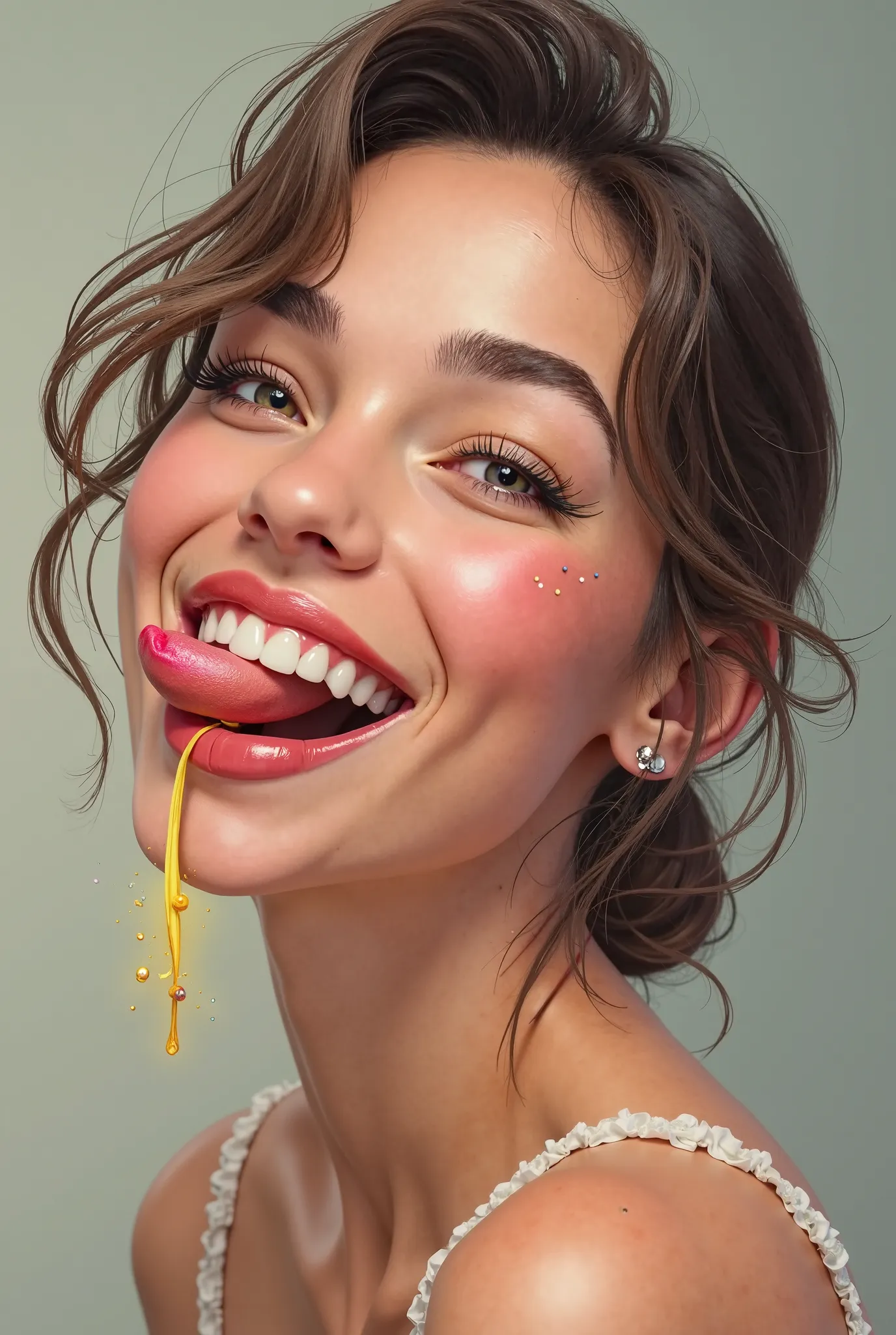 Generate a woman smiling with her tongue sticking out and a condom glued to her tongue 