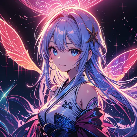  flying through the air 、best details、TOP QUALITY、 pretty face、Baby Face、starの妖精、 blue eyes、 masterpiece, TOP QUALITY, high-definition CG Unity 8K wallpaper, one girl, anime screenshot, Neon tattoos on shoulders and hips, translucent fairy wings with neon ...